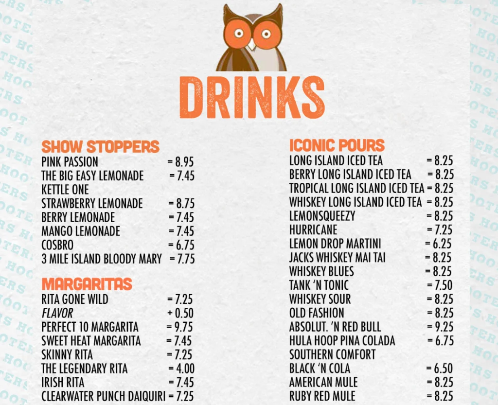 Hooters Drinks Menu USA