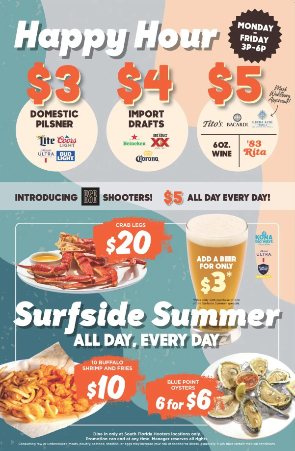 Hooters Happy Hour Specials Menu Deal USA