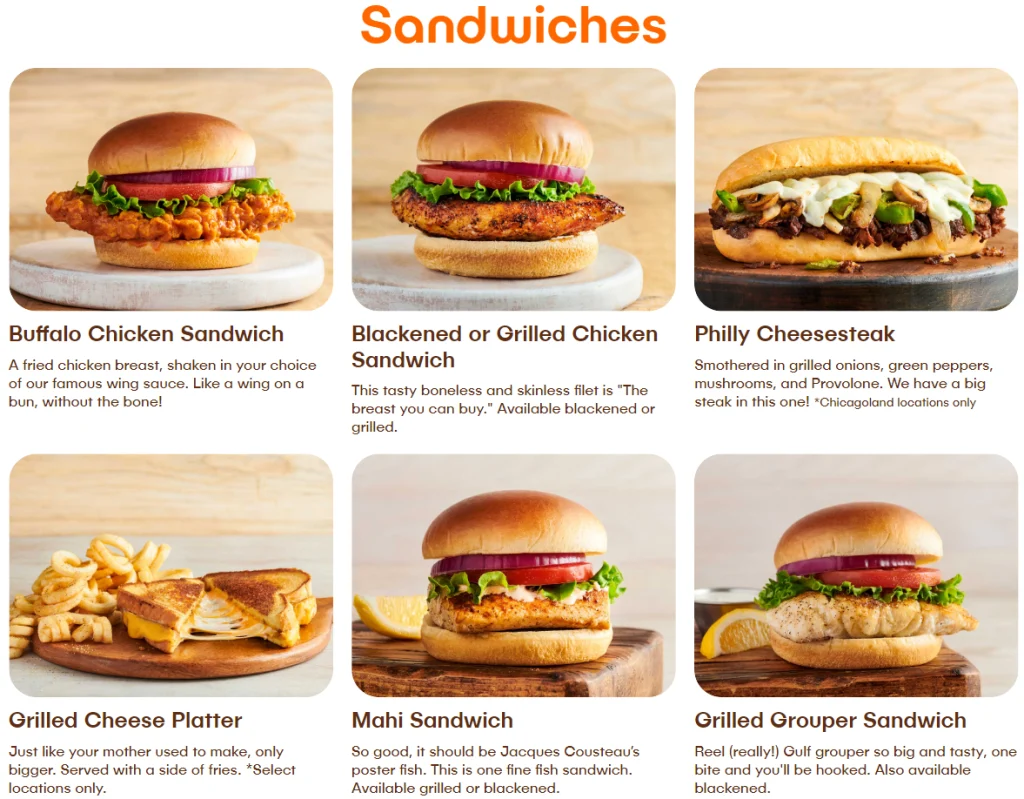 Hooters Sandwiches Menu USA