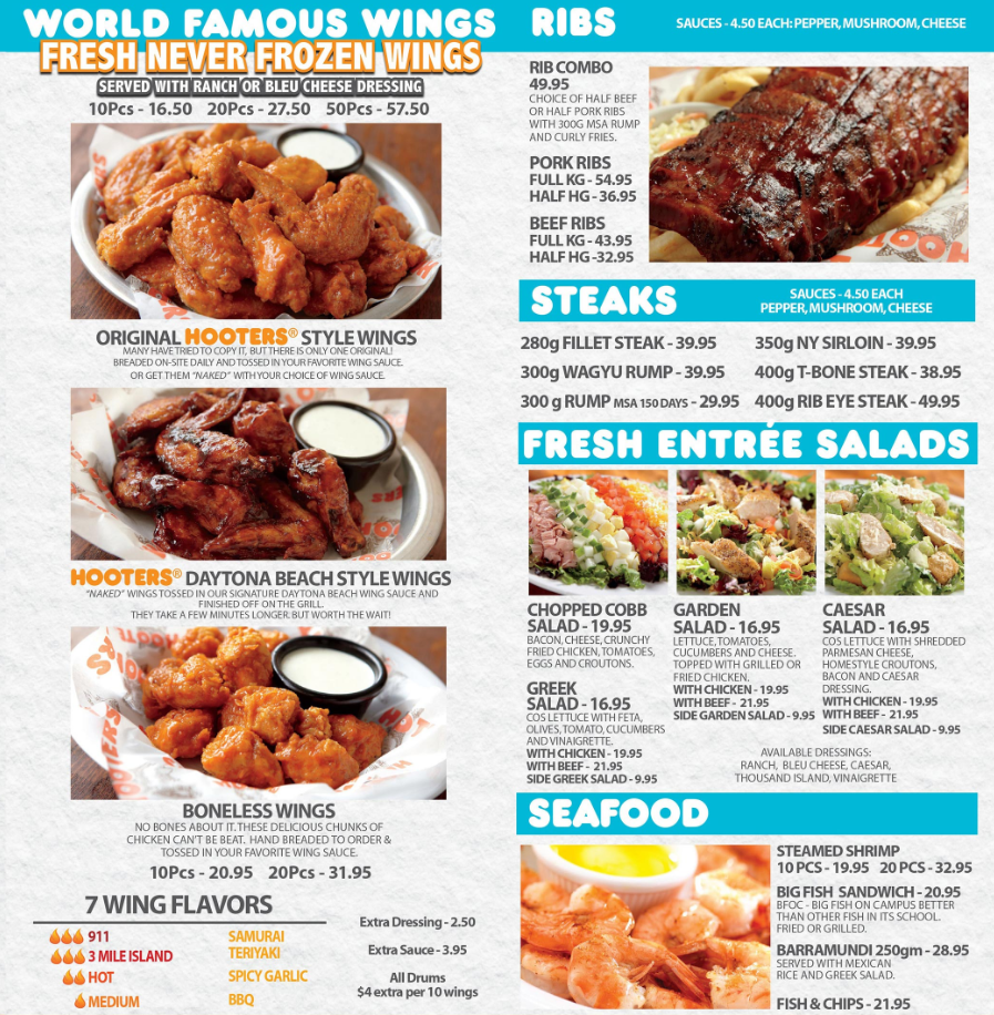 Hooters Specials Menu USA