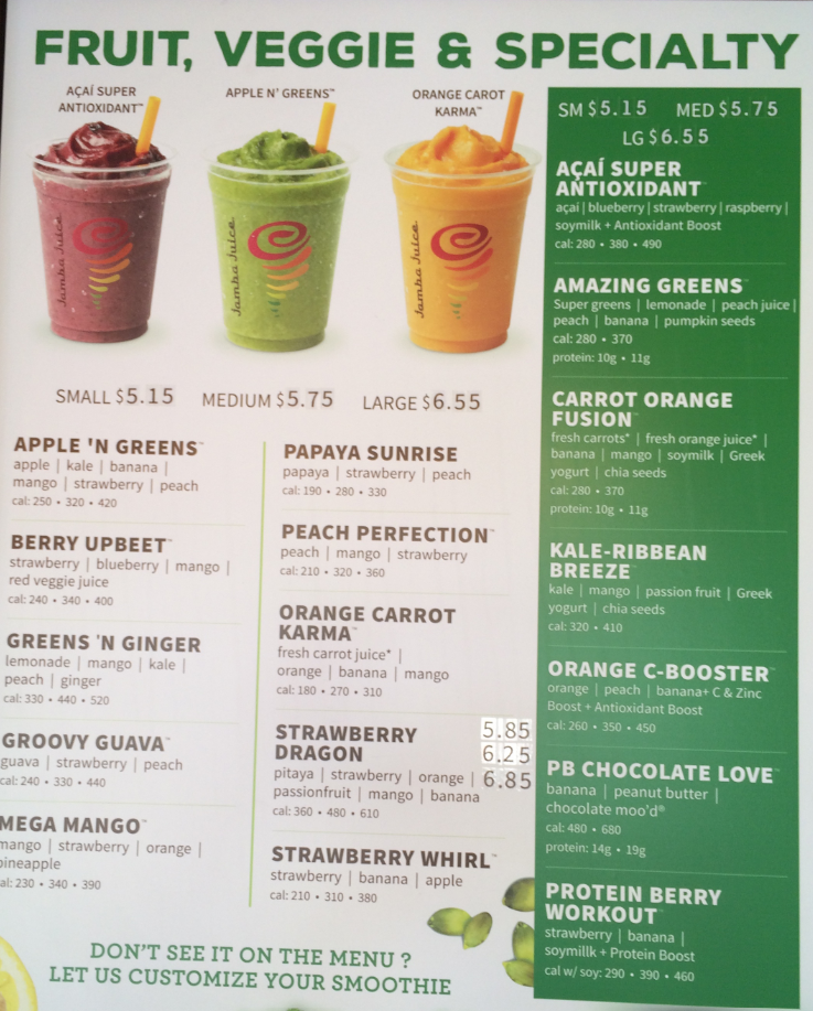 Jamba Juice Menu Items Prices USA