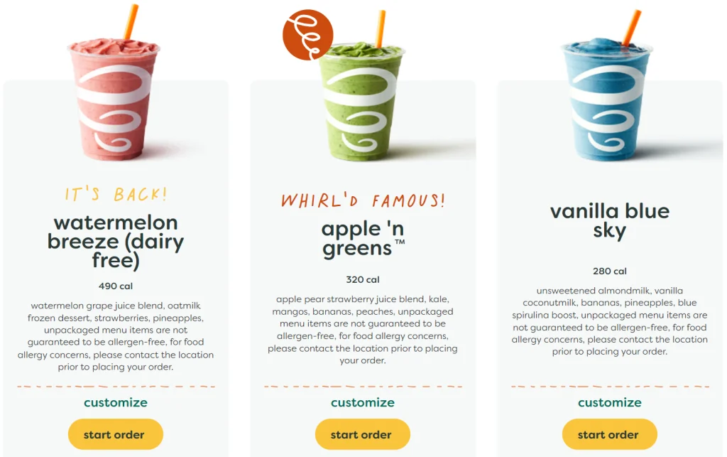 Jamba Juice Plant-Based Smoothies Menu USA