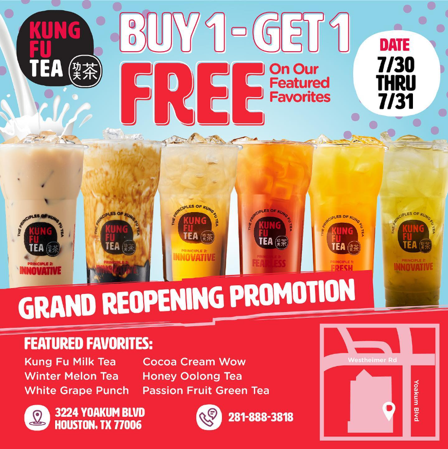 Kung Fu Tea Buy One, Get One Free  Menu Deal USA