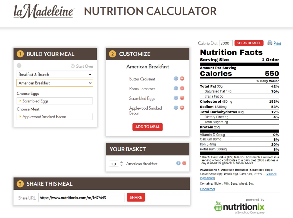 Nutrition Values About La Madeleine Menu USA