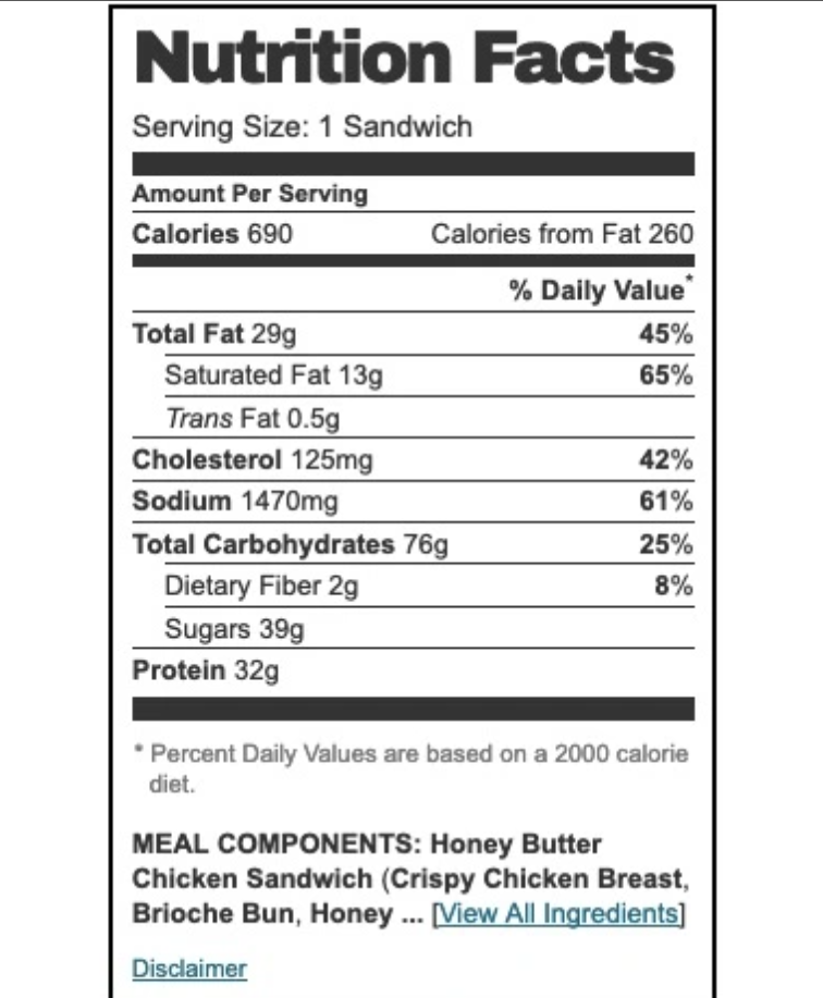 Nutrition Values About PDQ Menu USA