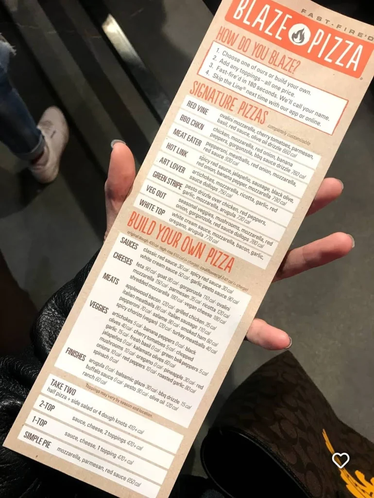 Order Blaze Pizza Menu USA