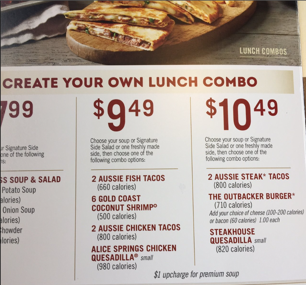 Outback Steakhouse Lunch Combos Menu Deal USA