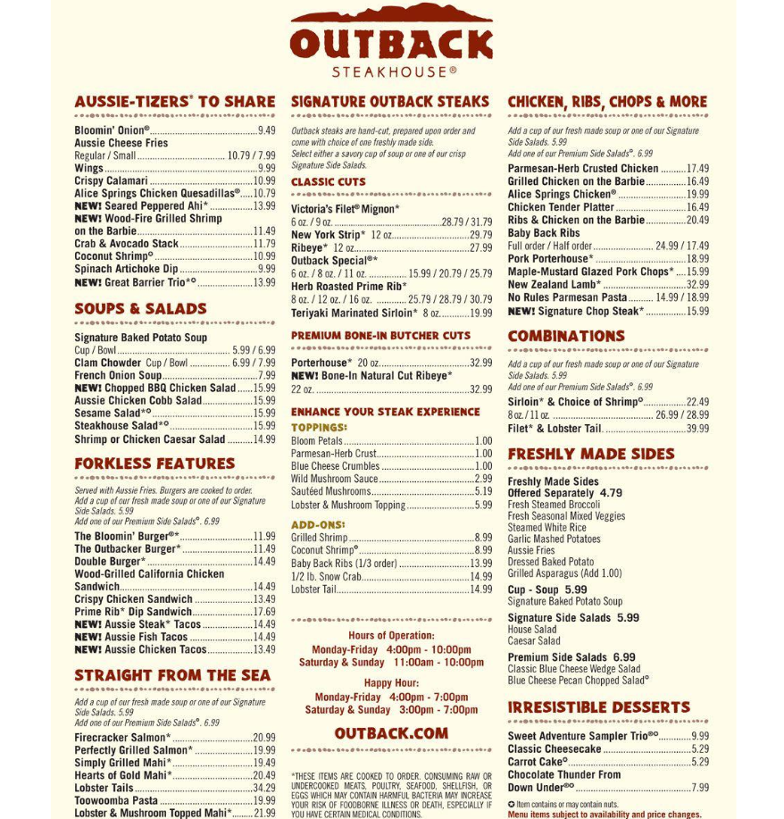 Outback Steakhouse Menu Prices USA