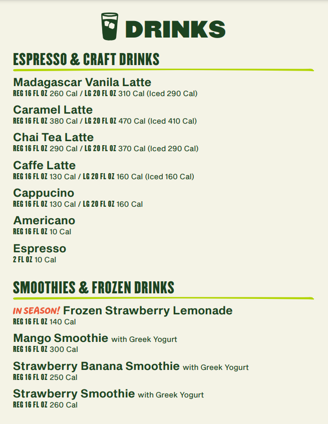 Panera Bread Beverages Menu USA