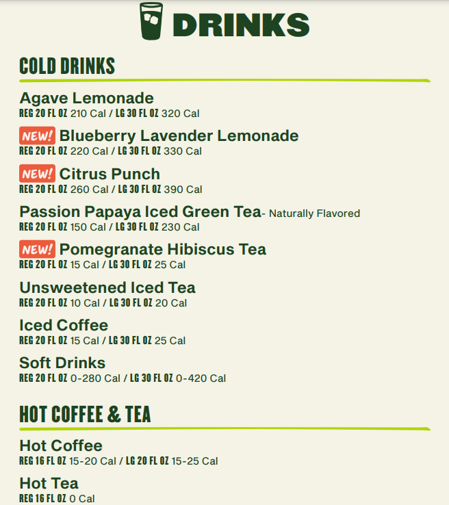 Panera Bread Drinks Menu USA