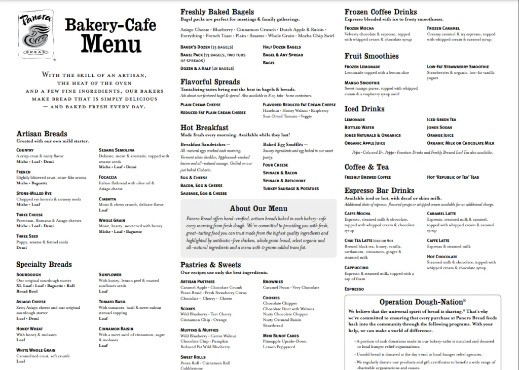 Panera Bread Menu With Prices USA