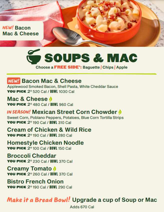 Panera Bread Soups & Mac Menu USA