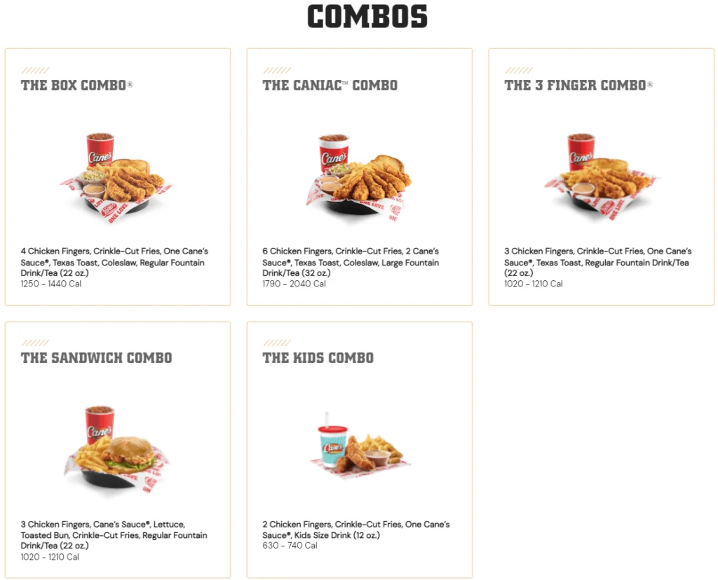 Raising Cane’s Combos Menu USA