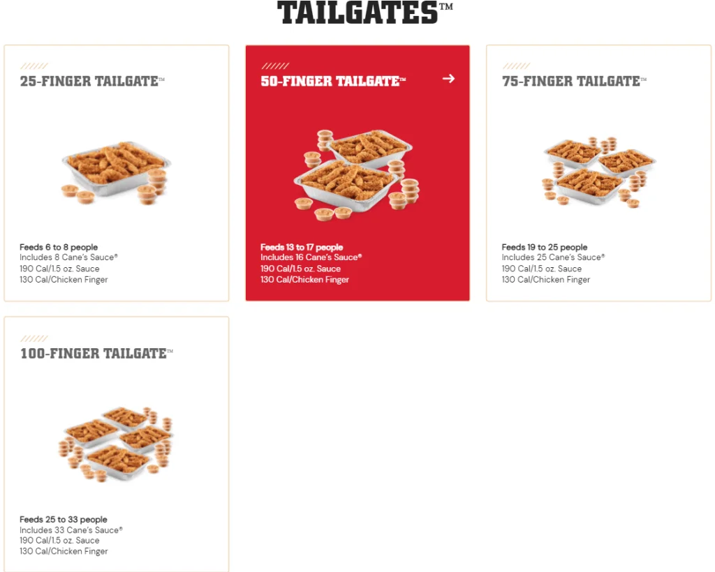 Raising Cane’s Tailgates Menu USA