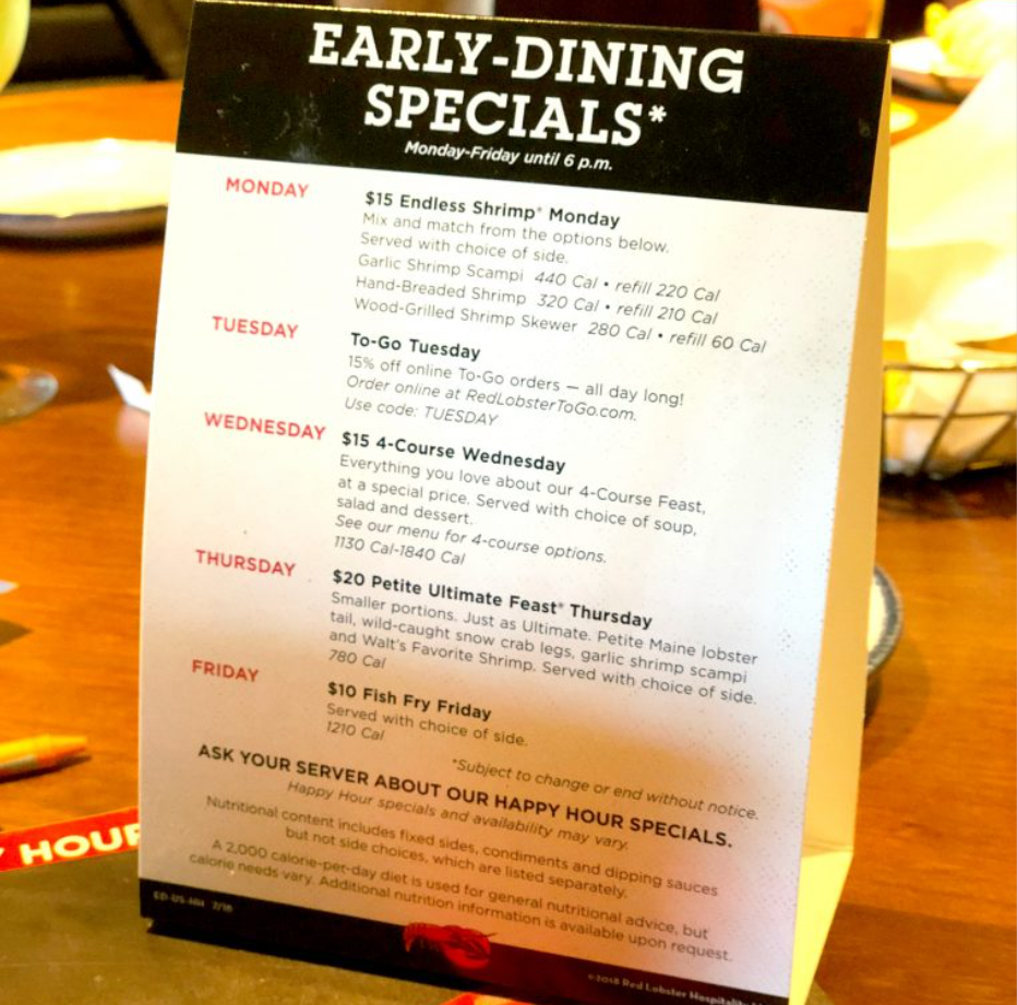 Red Lobster Early Dining Specials Menu Deal USA