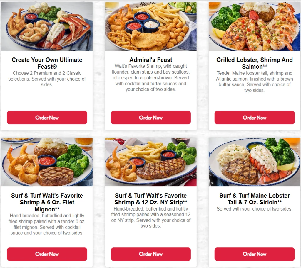 Red Lobster Signature Feasts Menu USA