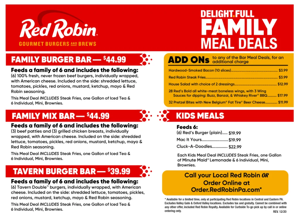 Red Robin Family Meals Menu Deal USA