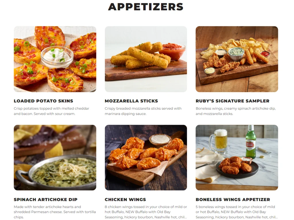 Ruby Tuesday Appetizers Menu USA