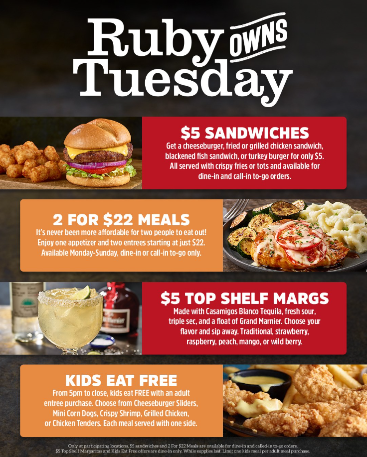 Ruby Tuesday Kids Eat Free Menu Deal USA