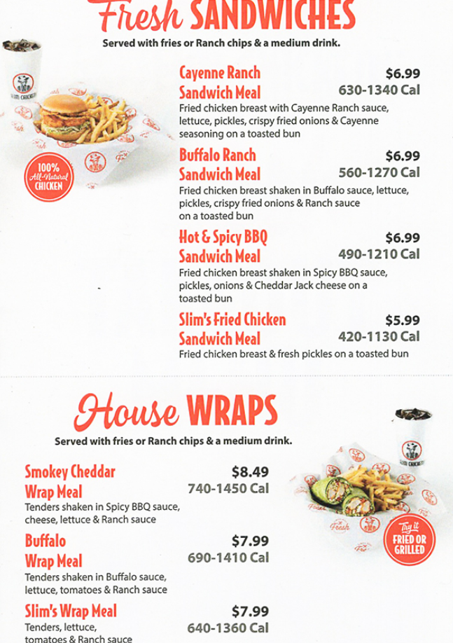 Slim Chickens Menu Items Prices USA