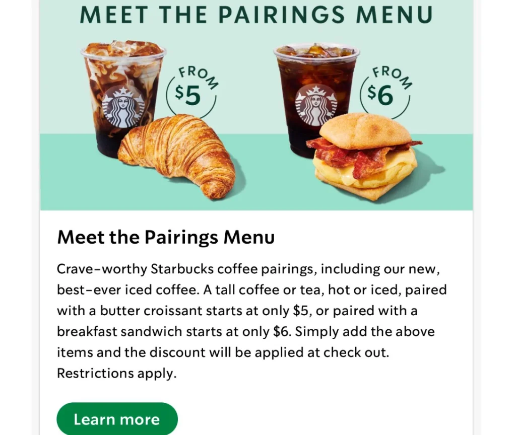 Starbucks Beverage Combos Menu Deal USA