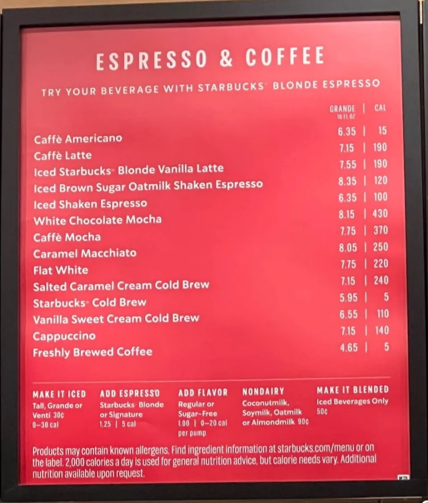 Starbucks Menu Updated Prices USA