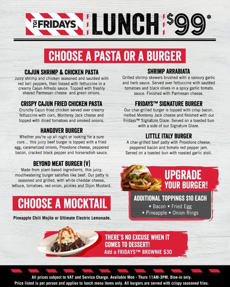 TGI Fridays Lunch Specials Menu Deal USA