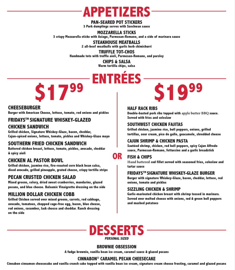 TGI Fridays Menu Prices USA