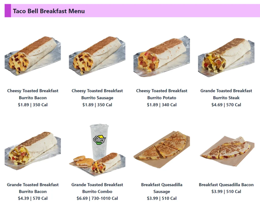 Taco Bell Breakfast Menu USA