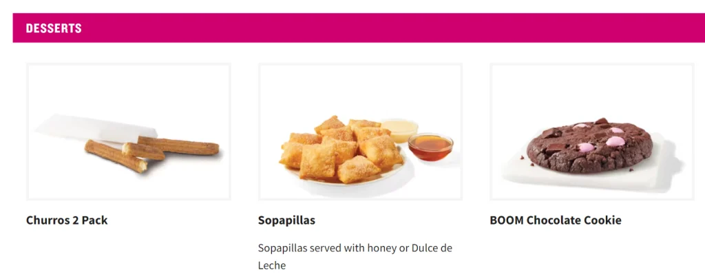 Taco Cabana Desserts Menu USA