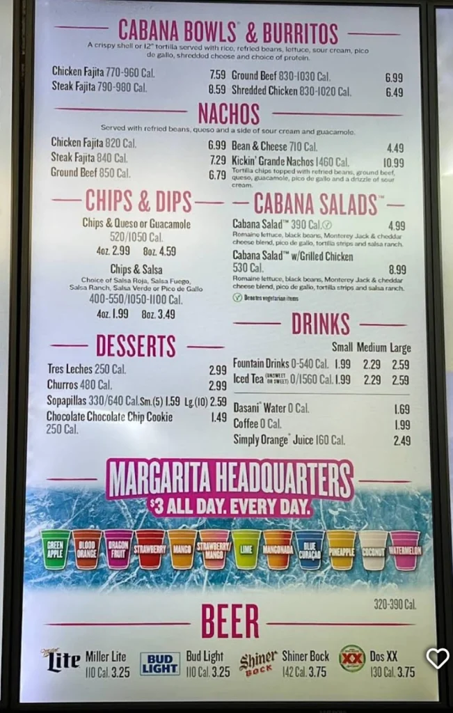 Taco Cabana Menu Items Prices USA