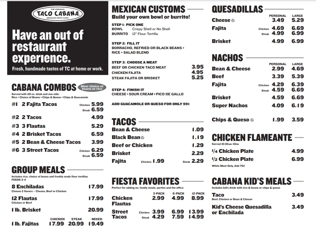 Taco Cabana Menu Prices USA