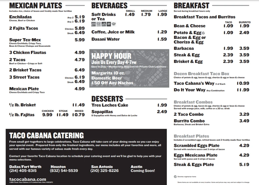 Taco Cabana Menu With Prices USA