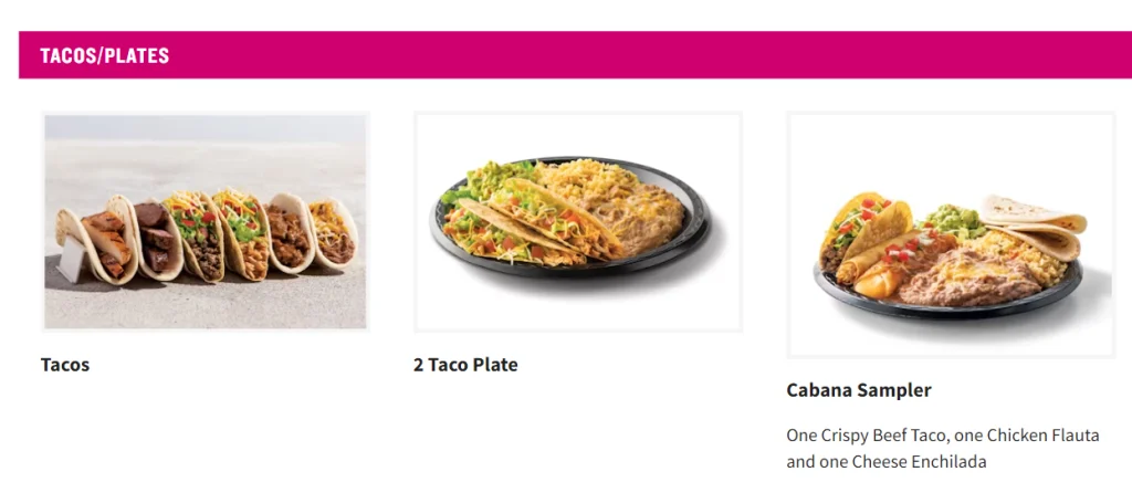 Taco Cabana Plates Menu USA