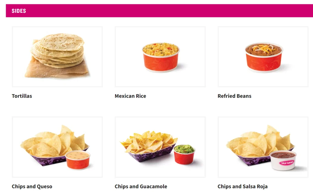 Taco Cabana Sides Menu USA