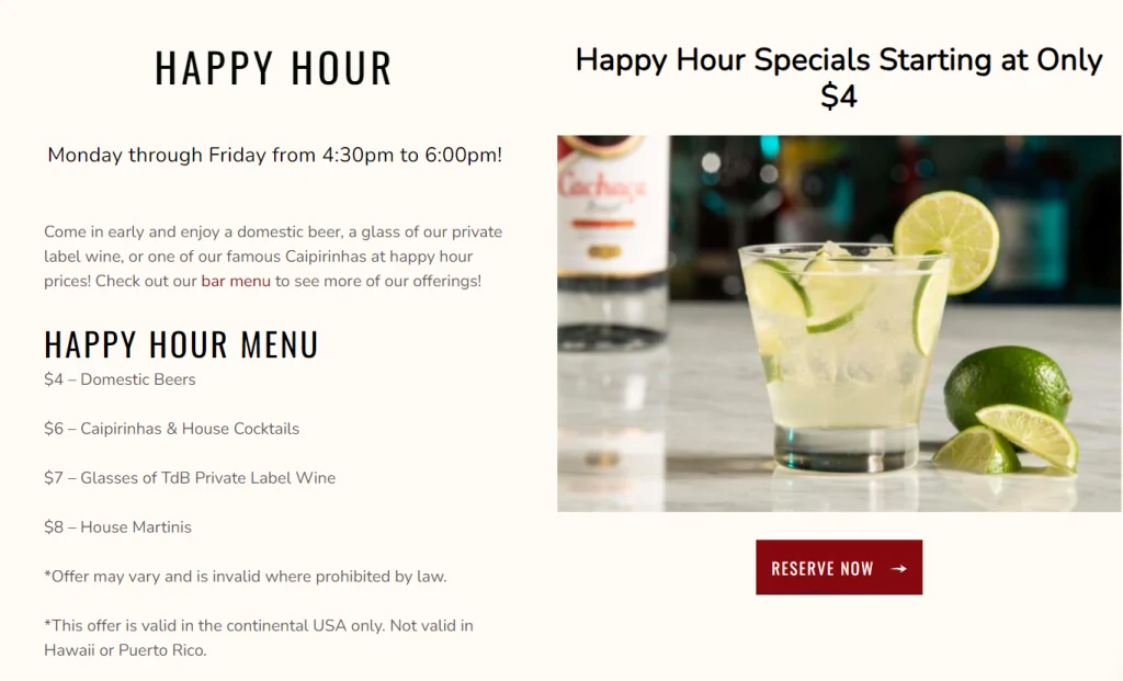 Texas De Brazil Happy Hour Specials Menu Deal USA