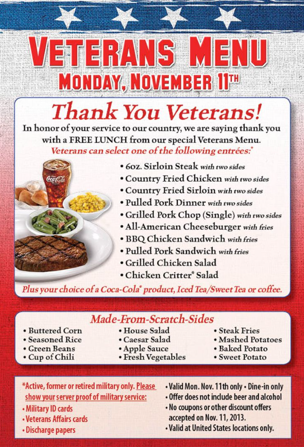 Texas Roadhouse Discounts for Veterans and Military Personnel Menu Deal USA