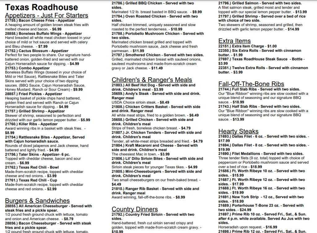 Texas Roadhouse Menu Items Prices USA