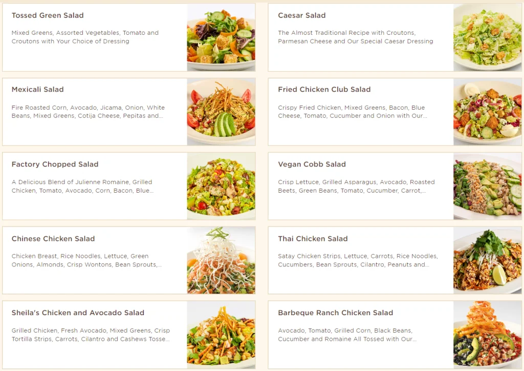 The Cheesecake Factory Appetizer Salads Menu USA