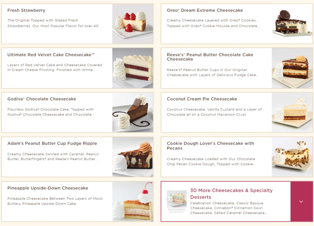 The Cheesecake Factory Cheesecakes & Specialty Desserts Menu USA