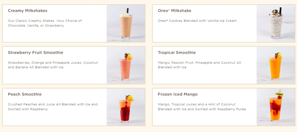 The Cheesecake Factory Creamy Milkshakes Menu USA