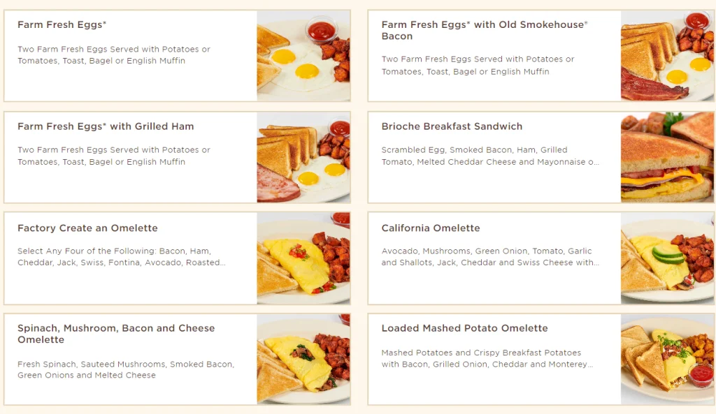 The Cheesecake Factory Eggs & Omelettes Menu USA