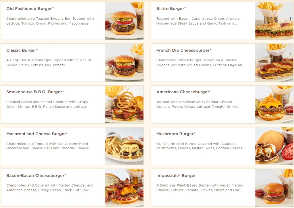 The Cheesecake Factory Glamburgers Menu USA