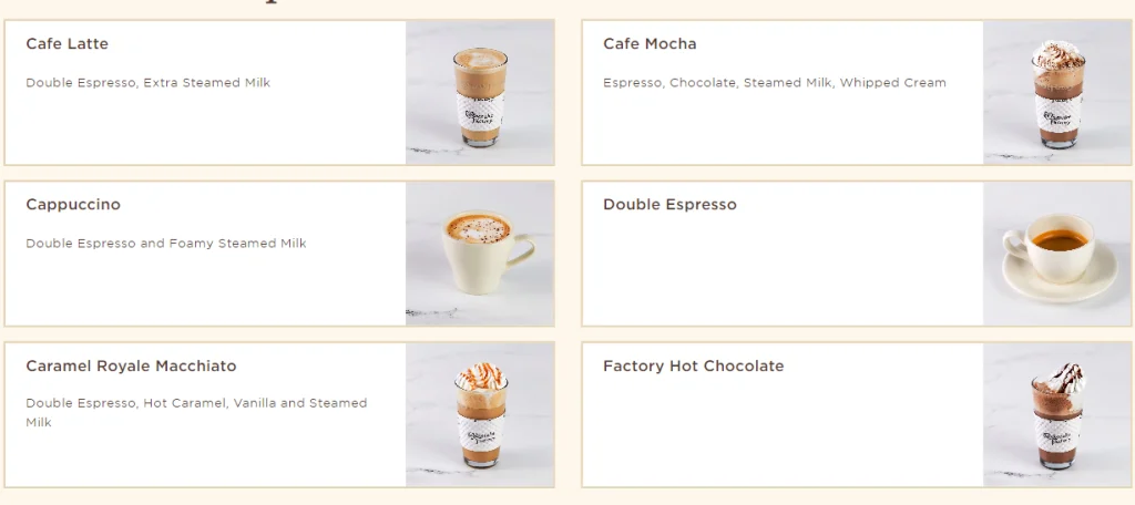 The Cheesecake Factory Hot Drinks & Espresso Menu USA