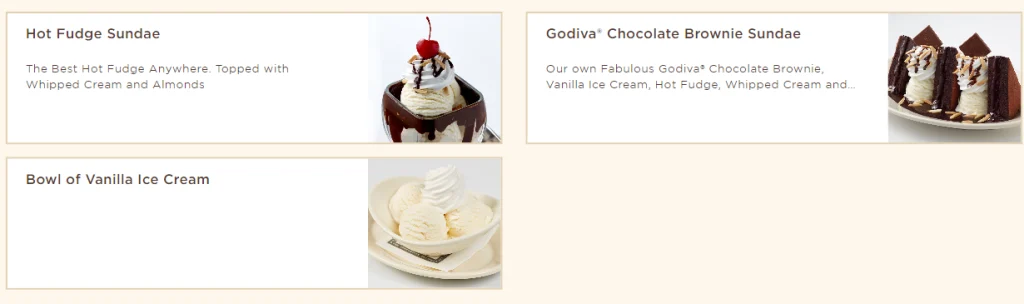 The Cheesecake Factory Ice Cream Delights Desserts Menu USA