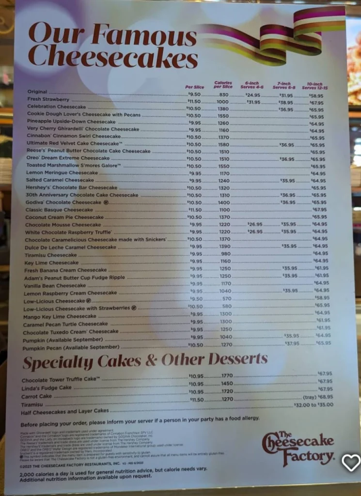 The Cheesecake Factory Menu With Prices USA