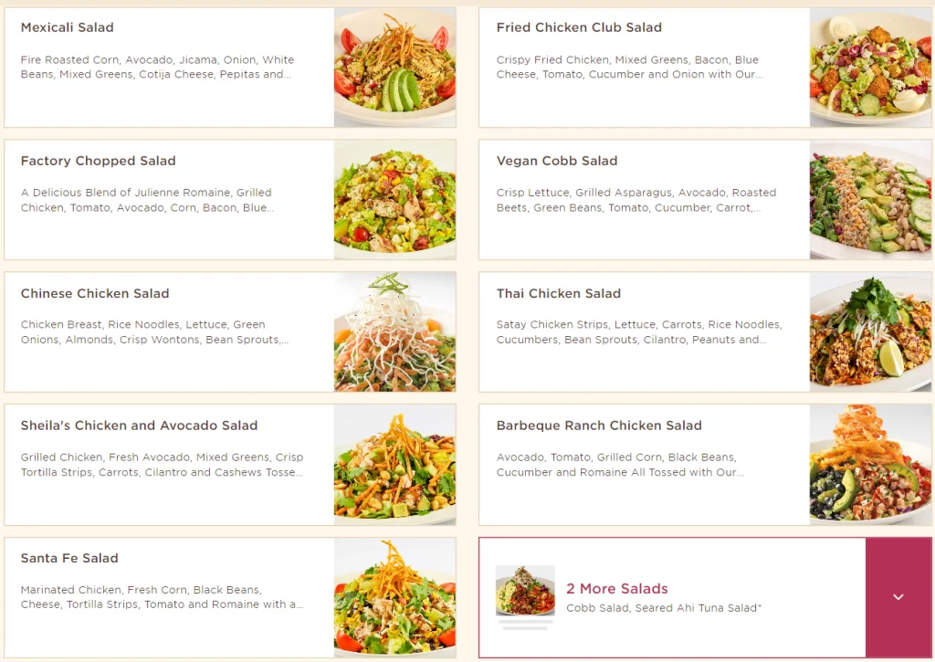 The Cheesecake Factory Salads Menu USA