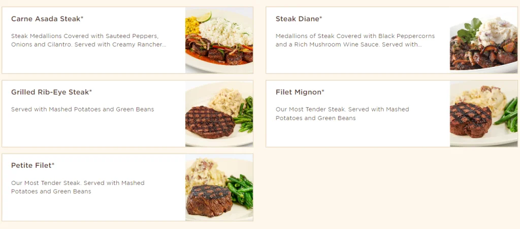 The Cheesecake Factory Steaks Menu USA