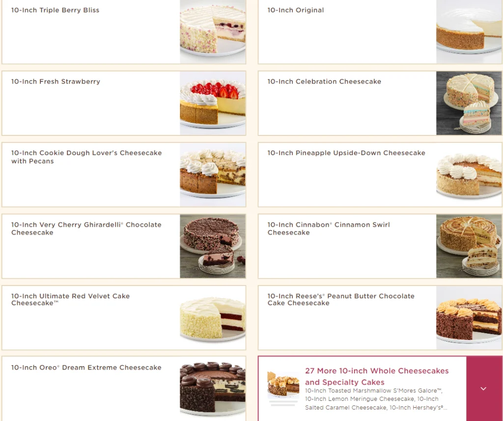 The Cheesecake Factory Whole Cheesecakes & Specialty Cakes Menu USA