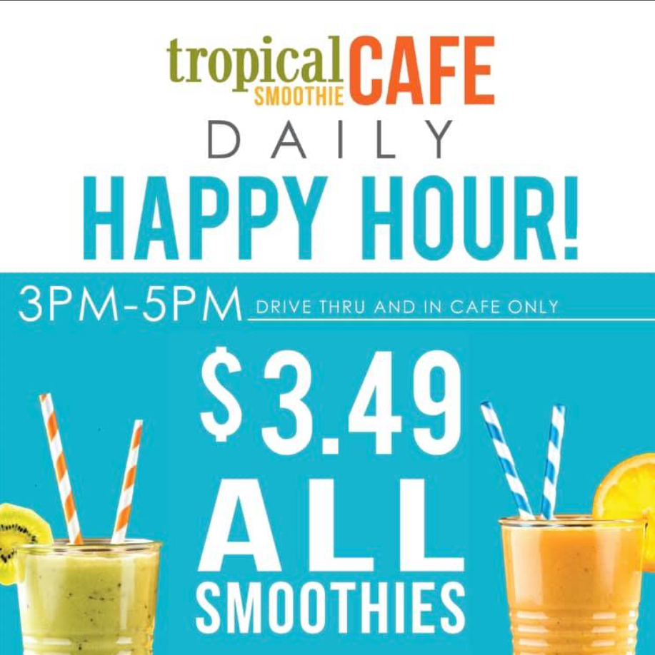 Tropical Smoothie Happy Hour Cafe Menu Deal USA